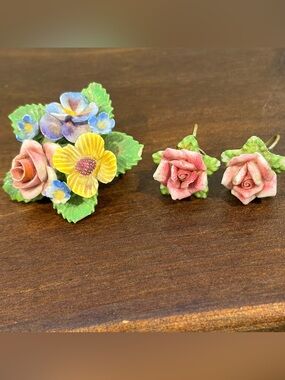 Denton Bone China Flower Brooch & Screwback Earrings Made In England Vintage